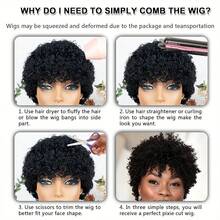 Women's Afro Kinky Curly Human Hair Wig With Bangs, Remy Brazilian Hair, Short Water Wave Pixie Cut, Elastic Mesh Cap, Full Machine Woven, Suitable For Festivals, Parties, Music Festivals - Natural Black - View 8