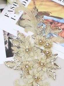 2件金色3D刺繡貼花配珠飾，婚紗配件，網紗蕾絲DIY表演服裝刺繡補丁/長度：39CM/寬度：16CM - 金色 - 查看 4
