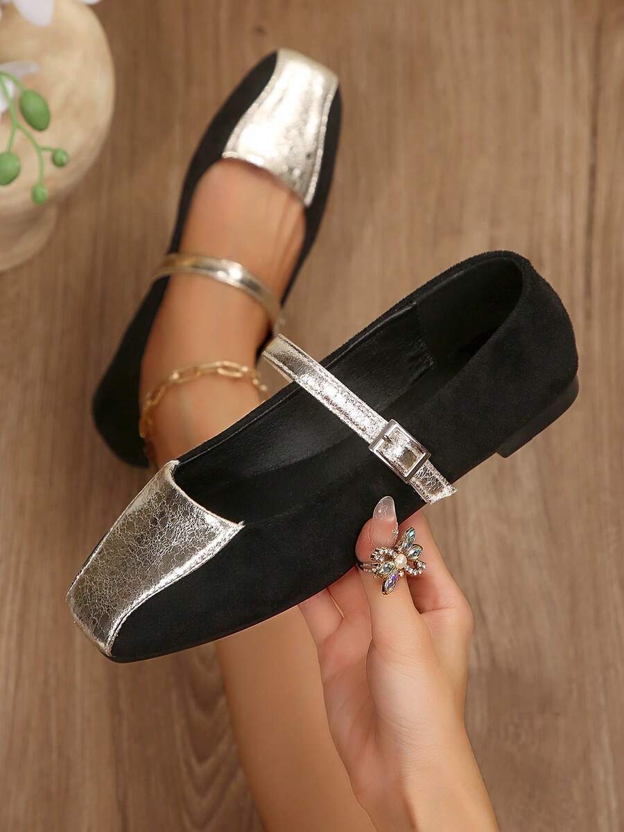 Spring/Autumn Low Vamp Strap Soft Sole Colorblock Mary Jane Shoes New French Style Lightweight Commuter Work Shoes - Black and Gold - View 1