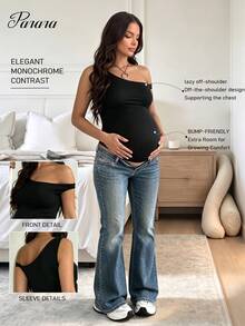 Maternity Solid Color Asymmetrical Shoulder Casual Versatile Daily Wear Top Black Summer - Black - View 1