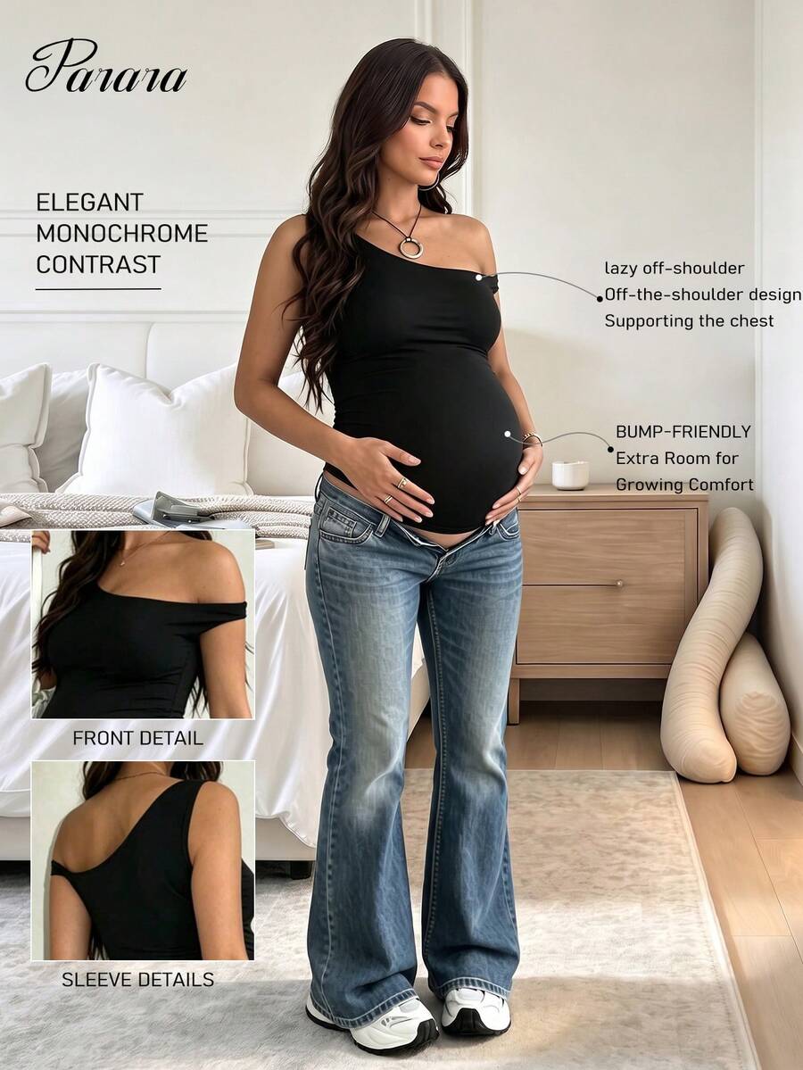 Maternity Solid Color Asymmetrical Shoulder Casual Versatile Daily Wear Top Black Summer - Black - View 1