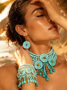 Women's Bohemian Turquoise Beaded Exaggerated Jewelry Set, Tassel Water Drop Choker Necklace, Pendant Earrings, Wide Cuff Bracelet, Beach Vacation Outfit Accessories - Multicolor - View 2