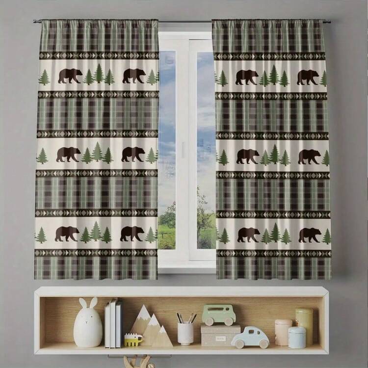 2PCS Digital Print Curtains Vintage Rustic Cabin Bear Pine Tree Plaid Stripes Print Farmhouse Living Room Decor Window Curtains - Multicolor - View 7
