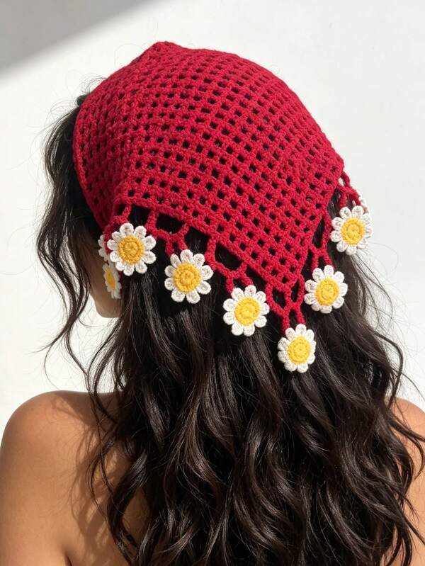 1pc Street Retro Fresh Daisy Knitted Triangle Scarf Hollow Tie Headwrap Beach Vacation Photo Hairband