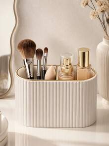 Makeup Brush Holder/PU Leather Cosmetic Display Box/Retro Striped Makeup Brush Rack - Suitable For Vanity Decoration, Bathroom Countertop, Desk Storage Cosmetic Display Box (Cream) , Makeup Room Decor,Makeup Bag,Travel Essential - Multicolor - View 4