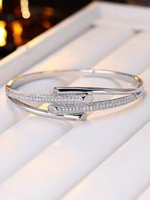 1pc Cold White Silver Cross Double Bar Full Rhinestone Open Bangle Ring, Luxury Contrast Color Polished Zirconia Bracelet, Niche Design Women's Jewelry Set - Bracelet Ring Set - View 4