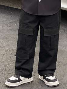 1pc Boys' Multi-Pocket Straight Leg Cargo Pants, Spring/Autumn American Style Casual Trousers - Black - View 1