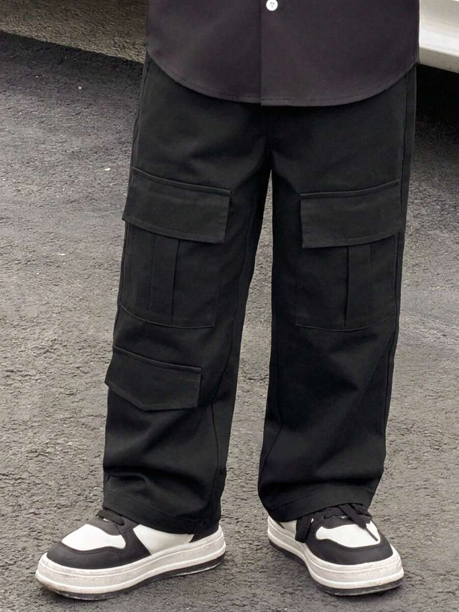 1pc Boys' Multi-Pocket Straight Leg Cargo Pants, Spring/Autumn American Style Casual Trousers - Black - View 1
