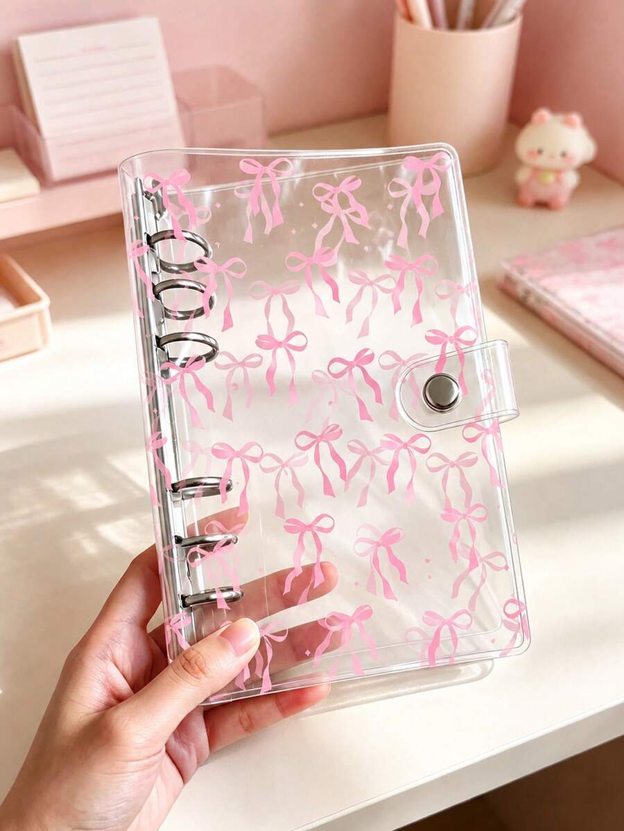Bow Pattern Transparent Loose-Leaf Binder Cover, 6-Hole PVC Notebook Shell With Snap Button, DIY Diary, Planner, Minimalist PVC Soft Shell Loose-Leaf Binder Cover, Transparent Loose-Leaf Binder Shell, Optional Grid Inner Paper, Solid Color Inner Paper And Loose-Leaf Binder Zipper Bag, Office Document Storage, Photo/Card Storage Album, Scrapbook, Receipt/Ticket Organizer, Back To School, Gift For Planner Enthusiasts - Multicolor - View 1
