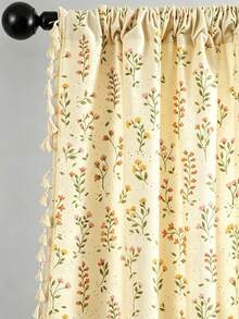1pc Plaid Print With Tassel Trim Linen Material Modern Linen Gauze Curtain - Japanese Linen Style, Rod Pocket Design, Suitable For Living Room And Bedroom - Transparent And Light Filtering Curtain, Living Room Curtain, Bedroom Curtain (Tie-Back Not Included) - Multicolor - View 1