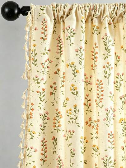 1pc Plaid Print With Tassel Trim Linen Material Modern Linen Gauze Curtain - Japanese Linen Style, Rod Pocket Design, Suitable For Living Room And Bedroom - Transparent And Light Filtering Curtain, Living Room Curtain, Bedroom Curtain (Tie-Back Not Included)