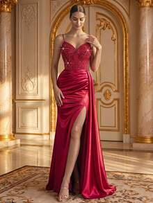 Smilprince Women's Sleeveless Red Woven Formal Dress, Sequin Bodycon Bustier, Spaghetti Straps, High Slit Design, Maxi Length Wedding Party - Burgundy - View 6