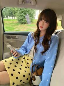 Sweet Lazy Vintage Style Versatile Casual Polka Dot Loose Slimming Knit Cardigan Jacket Top - Blue - View 3