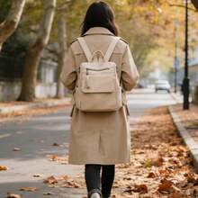Sac à dos rétro en PU avec détails en pompon, grand espace de rangement et design respirant, poche zippée pour étudiants, professionnels et voyageurs - blanc cassé - Voir 3