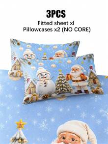 3PCS Winter Christmas Atmosphere Bedding Set, (1PC Fitted Sheet + 2pcs Pillowcases, Pillow Inserts Not Included,) Polyester Digital Print, Cartoon Santa Claus Snowman Penguin Pattern, Cartoon Cozy Christmas Non-Slip Bedding Set, Machine Washable, Bedroom Holiday Home Textile - Multi-color 4 - View 9