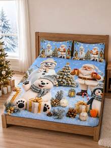 3PCS Winter Christmas Atmosphere Bedding Set, (1PC Fitted Sheet + 2pcs Pillowcases, Pillow Inserts Not Included,) Polyester Digital Print, Cartoon Santa Claus Snowman Penguin Pattern, Cartoon Cozy Christmas Non-Slip Bedding Set, Machine Washable, Bedroom Holiday Home Textile - Multi-color 4 - View 2