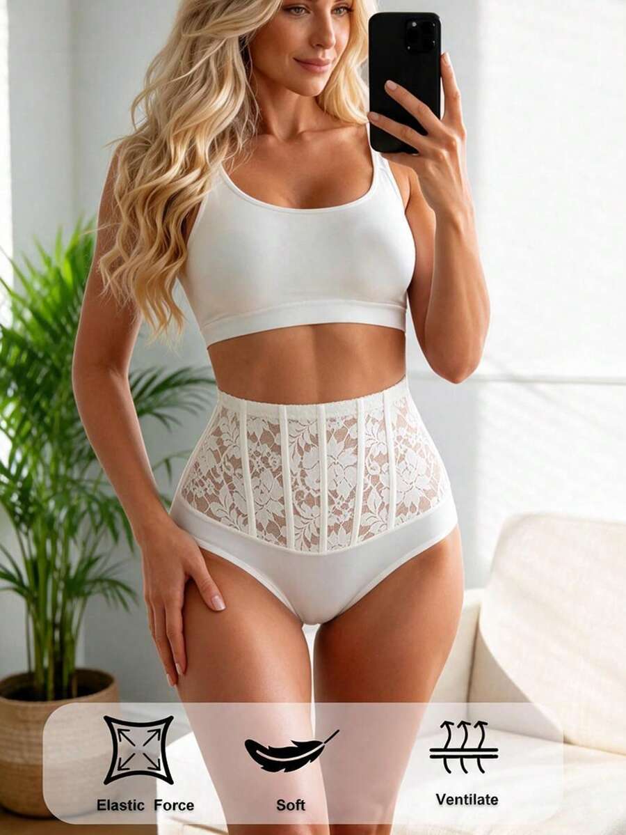 1件女款素色高腰蕾絲拼接塑形內褲 - 白色 - 查看 1