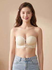 Bra Minimalis Tanpa Tali dengan Penutup Depan untuk Wanita, Bra Tanpa Kawat Tanpa Jahitan, Bra Tanpa Punggung Warna Polos, Gaya Gadis Manis, Nyaman, Mengangkat, Memberikan Dukungan, Bra Cup Tebal [Untuk Dada Rata] - Sampanye - View 4