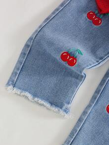 Girls Red Waffle Knit Flutter Sleeve Long Sleeve Top & Cherry Embroidered Frayed Hem Straight Leg Denim Jeans 2 Pieces Set, Sweet Style Spring/Autumn - Red - View 6