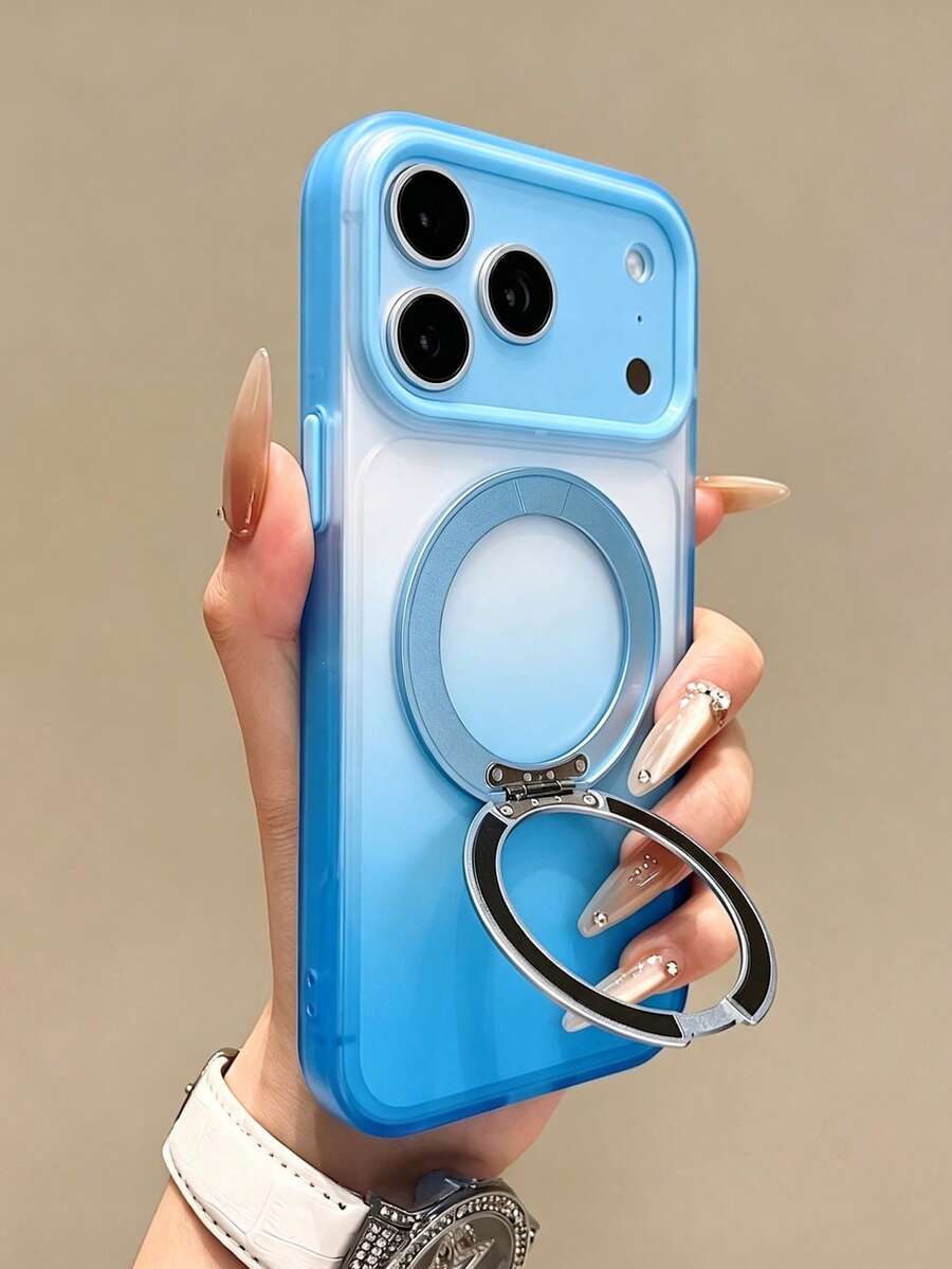 1PC Semi-Transparent Gradient 360° Rotating Magnetic Ring Stand Phone Case Compatible With IPhone 18 Pro Max 17 16 15 14 13 Pro Max Plus Full-Body Shockproof Dual-Layer IMD Matte Anti-Slip 2-In-1 Protective Cover - Baby Blue - View 1