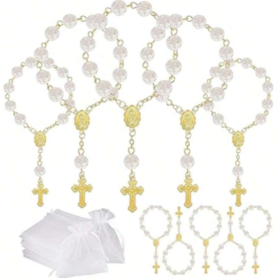 20pcs Baptism Party Favors Mini Rose Rosary With Faux Pearl And Organza Bag, Suitable For Baptism, Wedding, First Communion Party Favors - Multicolor - View 1