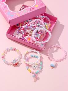 24PCS Girls Cute Butterfly Flower Heart Charm Bracelets, Multicolor Beaded Children Jewelry Bracelet Gift Box Set, Suitable For Holiday Party Birthday Gift, All Seasons, Random Colors - Multicolor - View 5