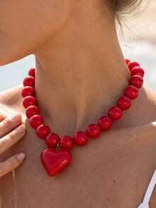 1pc Red Round Bead Heart Pendant Necklace, Gothic Exaggerated Women's French Minimalist Design Collarbone Chain, Daily Dopamine Candy Color - Red - View 2