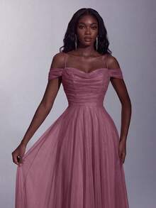 Elegant Women's Long Flared Spaghetti Strap Prom Dress In Knitted Fabric, Romantic Formal Gown For Bridesmaid Or Ball Wedding Party Fall - Dusty Pink - View 3