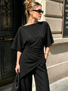 Asymmetric Tops For Women Ruched Black Short Sleeve Top Summer Ruffle Tops For Women Chic Casual Streetwear Tank Top - Black - View 3