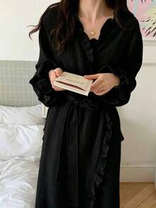 1件女款白色荷葉邊長袖輕量浴袍，極簡歐式純色居家服，適合春夏秋季，適用於居家、浴室、SPA、早晨與睡眠穿著（尺寸偏小，請購買大一號） - 彩色 - 查看 10