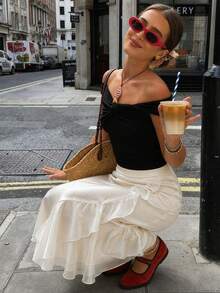 Elegant Skirt With Layered Ruffle Trim, Long Layered Design, Casual Versatile Autumn Women's Long Skirt - Champagne - View 7
