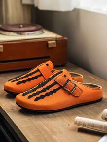 Halloween Skeleton Claw Pattern Men's Sandals, Closed Toe Mule Shoes With Adjustable Buckle, Suede Backless Design, Slip-On Casual Flat Half-Slippers - Orange - View 2