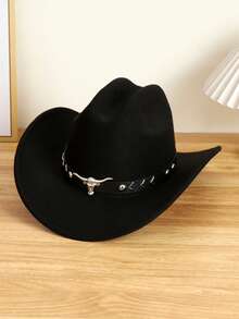 1pc Unisex Bull Head Decor Felt Hat, Casual Cowboy Hat, Elegant, Suitable For Travel, Party, Western Cowboy Theme Party And Daily Wear - Trim - View 13