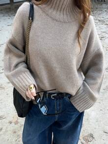 Sweater Pullover Leher Tinggi Rajut Bergaris untuk Wanita, Sweater Rajut Gaya Dasar Lengan Panjang, Elastisitas Sedang, Kasual Musim Gugur/Dingin, Warna Oatmeal Musim Gugur - Havermut - View 2