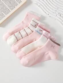 5 Pairs Pink Bow & Bubble Lace Women's Short Socks, Sweet & Comfortable, Suitable For All Seasons - Pink - View 4