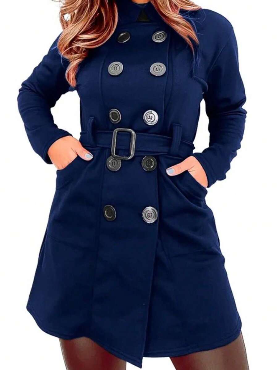 Women's Polyester Overcoat With Buttons - Winter Fashion - Navy Blue - View 1