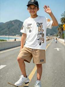 Tween Boys Letter Graphic Print Short Sleeve T-Shirt And Shorts Summer Outfit Set - White - View 1