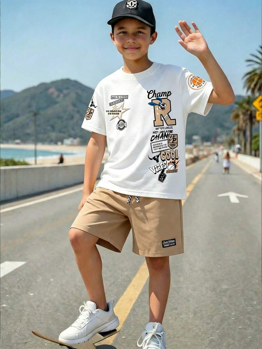 Tween Boys Letter Graphic Print Short Sleeve T-Shirt And Shorts Summer Outfit Set - White - View 1