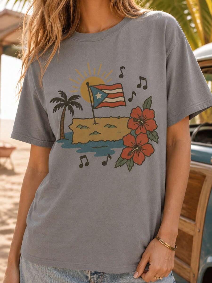 Women's Casual Short Sleeve Round Neck Cotton T-Shirt With Tropical Island Print, Perfect For Summer Beach Style - 灰色 - 查看 1