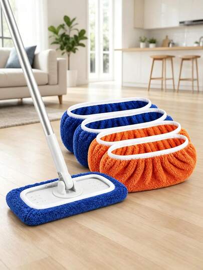 4pcs Microfiber Mop Pads, Blue Gray/Blue Orange Optional, Dry & Wet Use, High Absorbency Replacement Mop Cloth, With Elastic Fixing Band, Suitable For 10-Inch Flat Mop, Suitable For Hardwood And Tile Floor Cleaning Supplies
