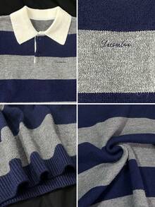 Atasan Pullover Longgar Berkerah Polo Bergaris Blok Warna Gaya Korea Baru Musim Gugur/Dingin - Biru dan abu-abu - View 9