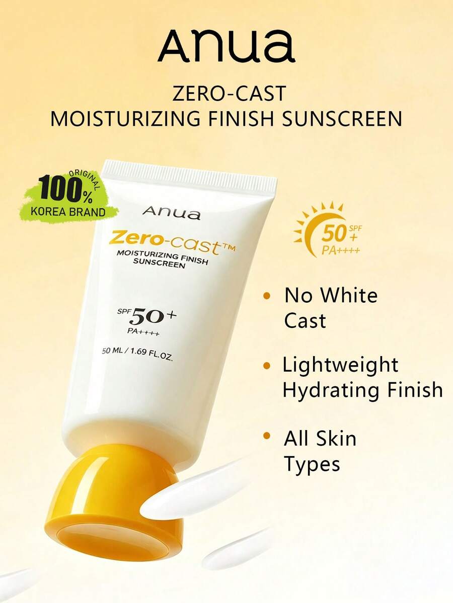 Anua Zero-Cast 保濕妝感防曬乳 50ml，無白cast、保濕輕盈、不油膩平滑妝感，適合所有膚質，長效保濕，K-Beauty 韓系彩妝，Olive Young，禮品，50ml/1.69 Fl.Oz