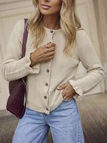 OxyCloset Women's Sweater-An Apricot-Colored Wool Top Featuring Ruffle Details, Perfect For The Autumn / Winter Seasons. Simple, Elegant, Versatile. - Apricot - View 7