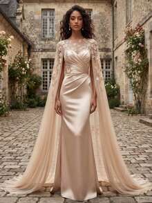 Elegant Champagne Satin Mermaid Halter Neckline Sleeveless Lace Applique Transparent Maxi Dress For Wedding Formal Evening Party - Red - View 2