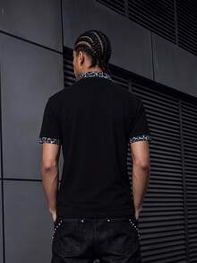 Men's Black Skull Guitar Print Polo Shirt, Contrast Leopard Collar Cuff Casual Short Sleeve Top - Multicolor - View 2