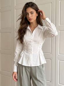 Women's Ruffle Trim Side Tie Long Sleeve Button Shirt, Casual Autumn Daily Commute Outing Date Outfit - White - View 4