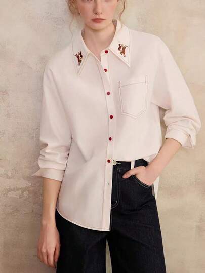 Women's Fashion Brushed Fabric Long Sleeve Shirt With Embroidered Western Style Collar, Button Details And Front Pockets, Autumn Outfit Essential