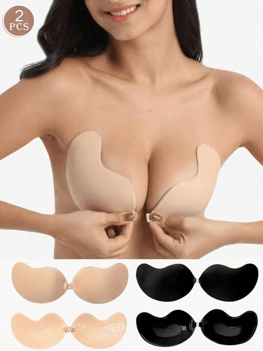 2 Pairs Seamless Invisible Push-Up Strapless Backless Front-Closure Self-Adhesive Silicone Breast Pads For Women (Black + Apricot) - Multicolor - View 1