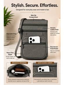 Women's Genuine Leather Crossbody Bag, Adjustable Shoulder Purse, Lightweight Travel Handbag For Work, Shopping & Daily Use - 深灰色 - 查看 2