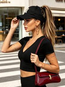 1pc Women's Elastic Empty Top Sport Visor Hat With A-Z Alphabet Print, Wide Brim UV Protection Sweat-Wicking Sun Cap, Light Comfort For Back-To-School - Black - View 3